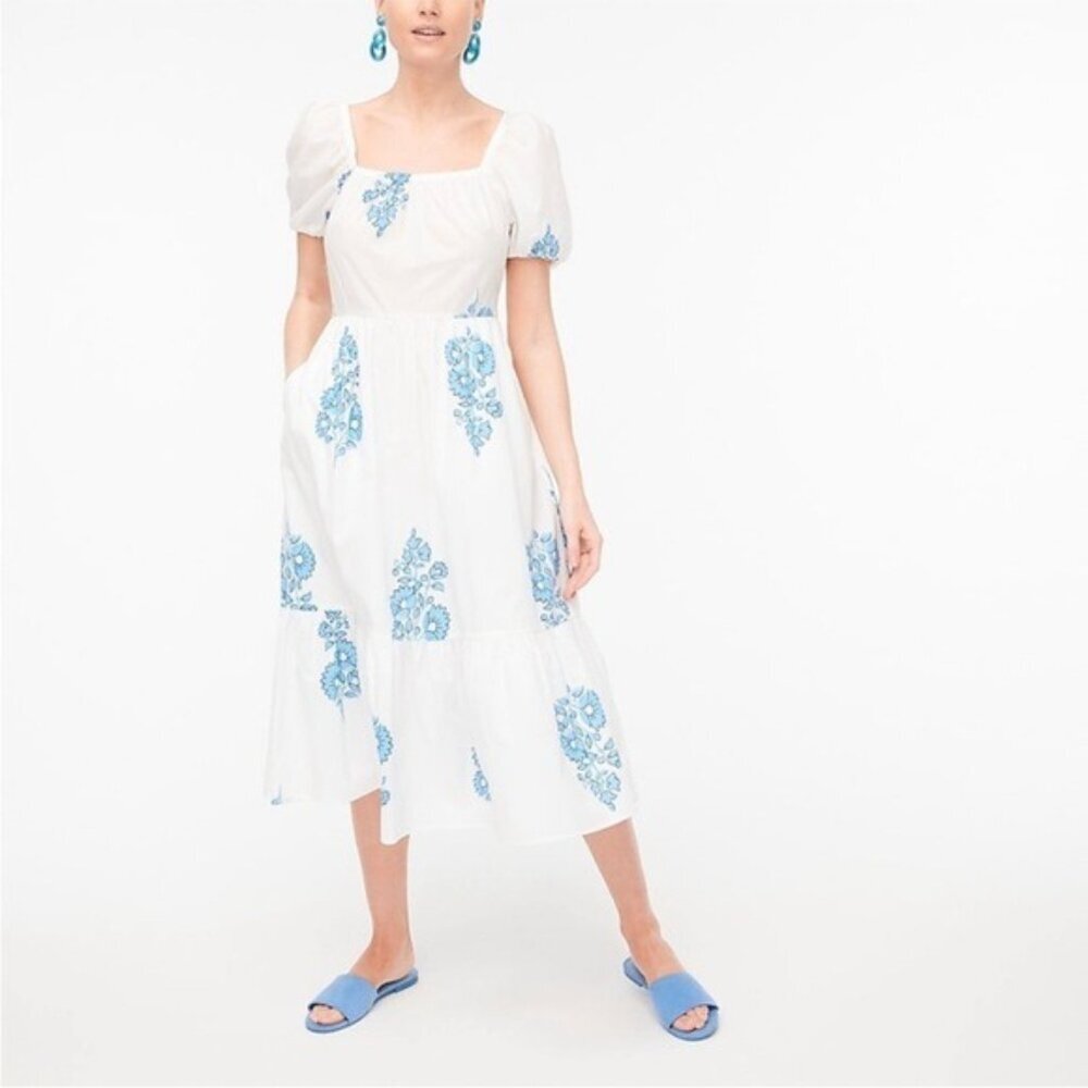 J. Crew White Blue Floral Puff-Sleeve Tiered Sz 8 Midi Dress NWT - Picture 3 of 15